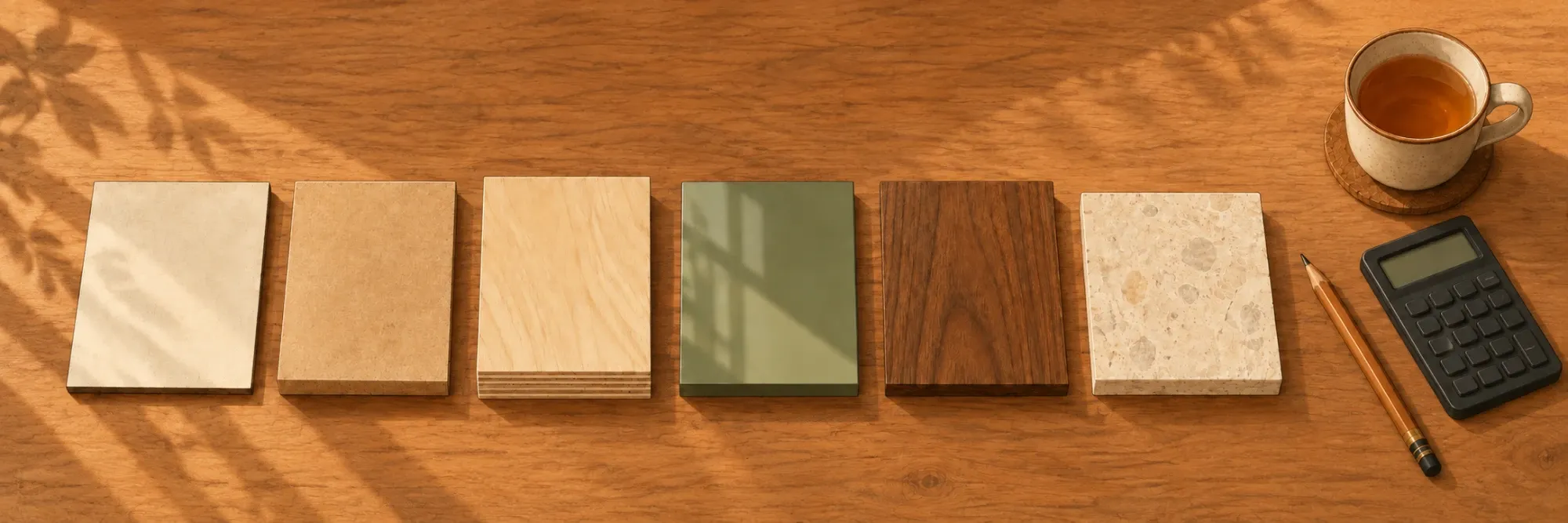 Six material samples laid out on a wooden table in sunlight: laminate, MDF, plywood, a green finish, walnut veneer and terrazzo, with a cup of tea, a pencil and a calculator.