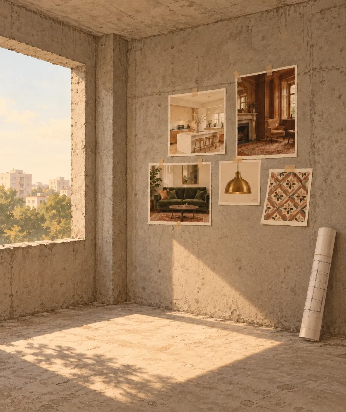 Illustration of a bare concrete room in Dhaka, sunlight falling through an open window. Pictures of kitchens, living rooms, a lamp and patterned tiles are taped to the wall, and a rolled-up floor plan leans in the corner.