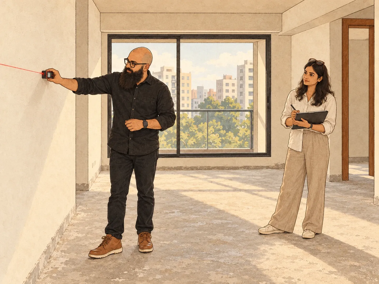 Illustration of Abid Hussain measuring a wall with a laser meter in an empty flat, while the client stands by the window taking notes.