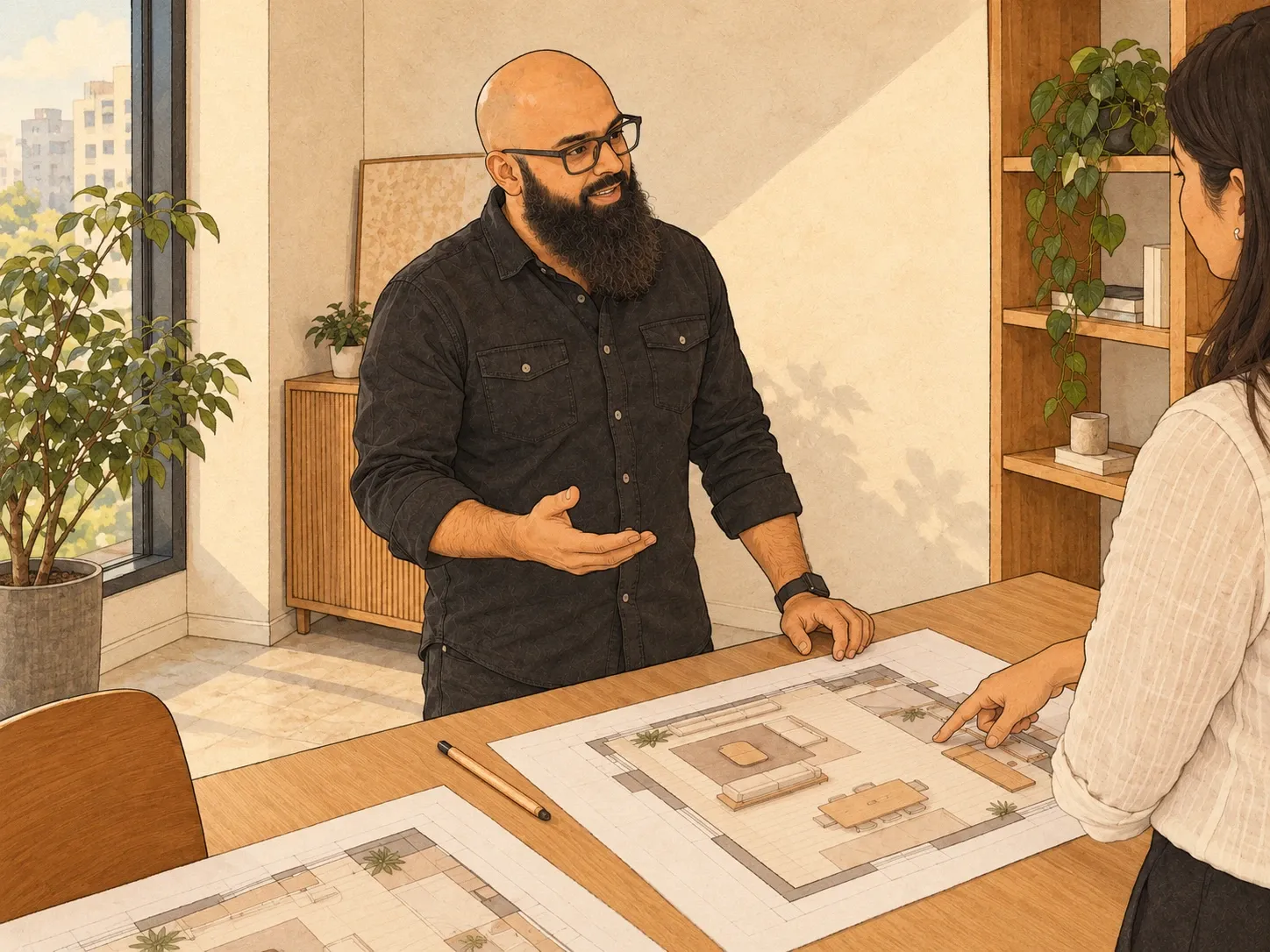 Illustration of Abid standing at a studio table, talking through a coloured furniture layout as the client points to a room on the plan.