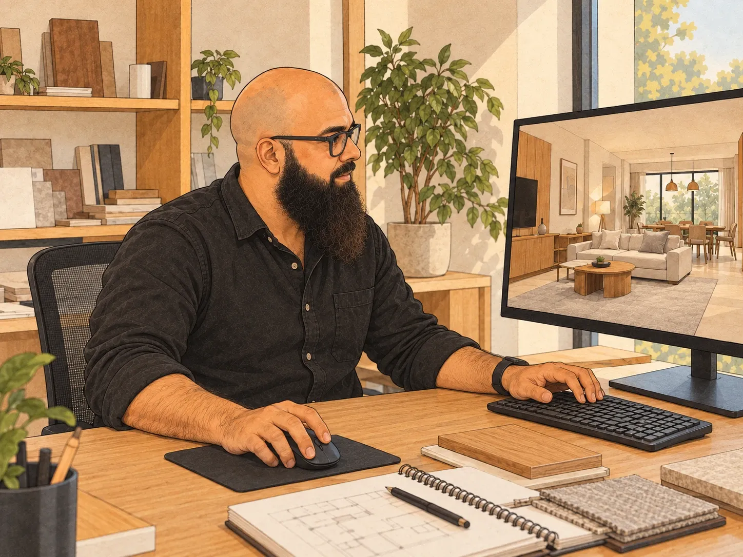 Illustration of Abid at his desk building a 3D view of a living room, with wood and fabric samples beside the keyboard.