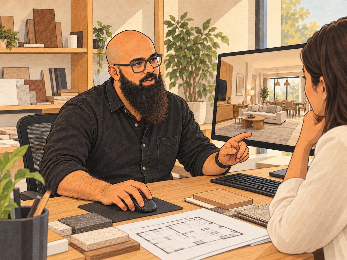 Illustration of Abid pointing to a 3D view of a living room on his screen as he talks it through with the client, material samples and a floor plan on the desk.