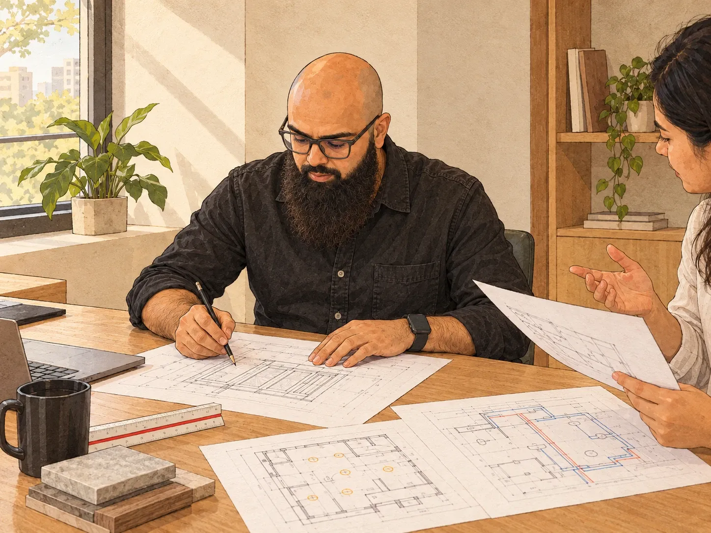 Illustration of Abid drawing cabinet details in pencil, a lighting plan and a plumbing plan spread across the table, while the client holds up another sheet.