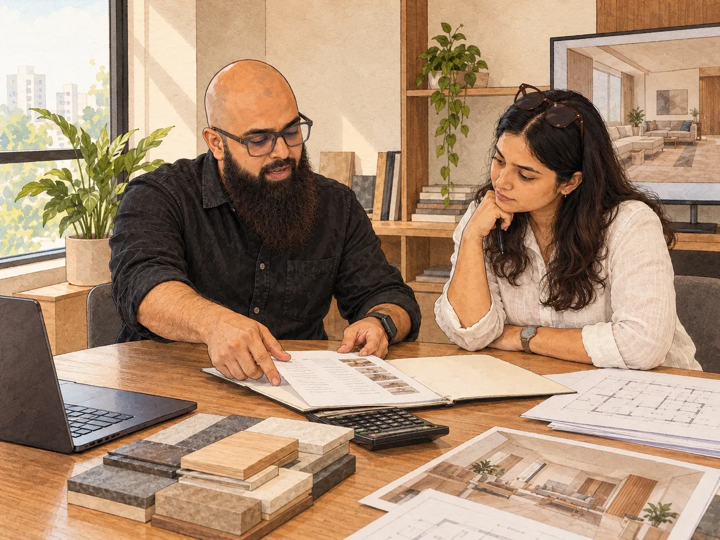 Illustration of Abid going through a bound set of drawings with the client, a calculator, material samples, floor plans and a printed 3D view on the table.