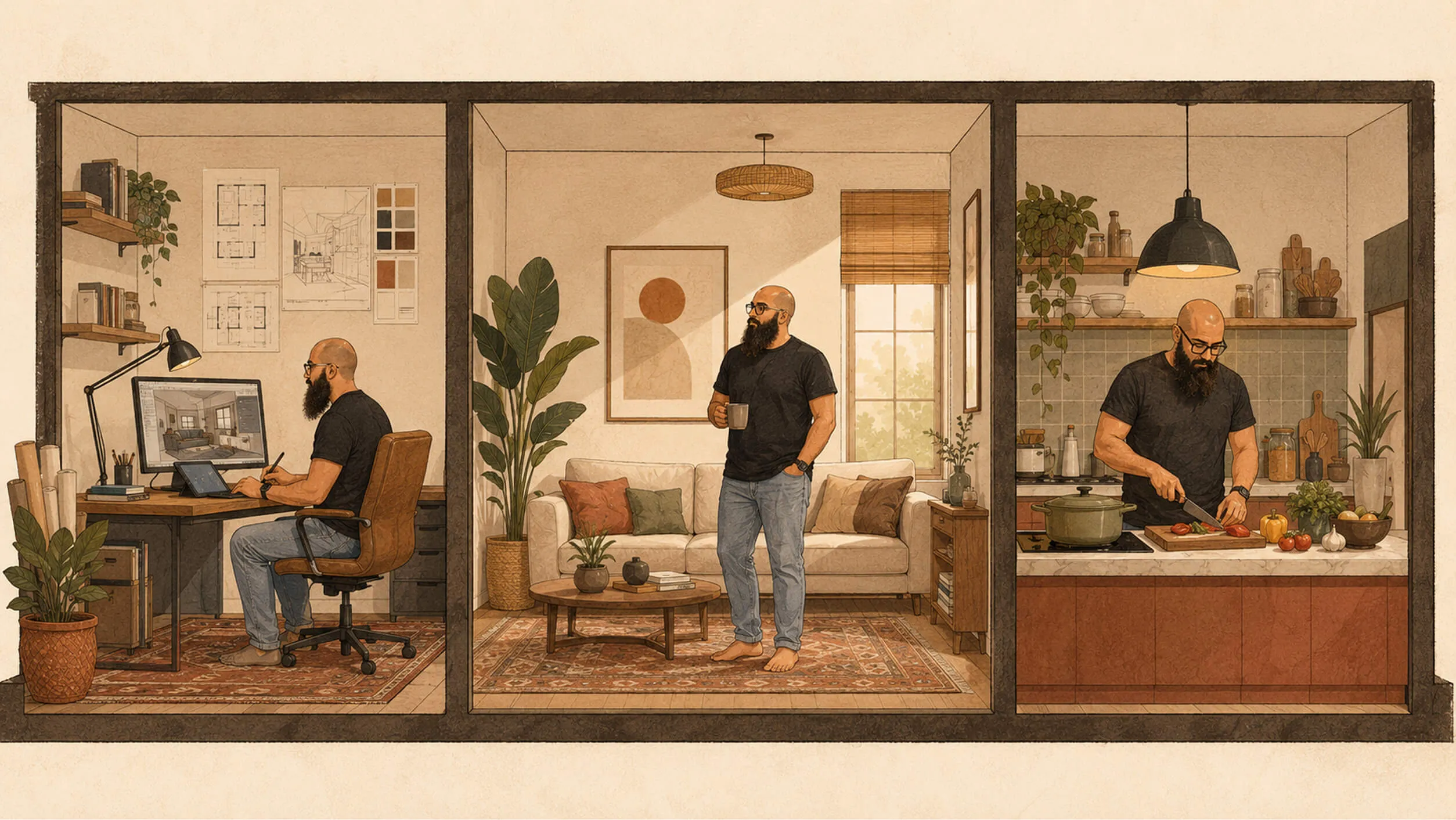 Illustration of Abid Hussain in three rooms of a Dhaka home: working on a 3D visualization at his desk, standing in a warm living room, and cooking in the kitchen.