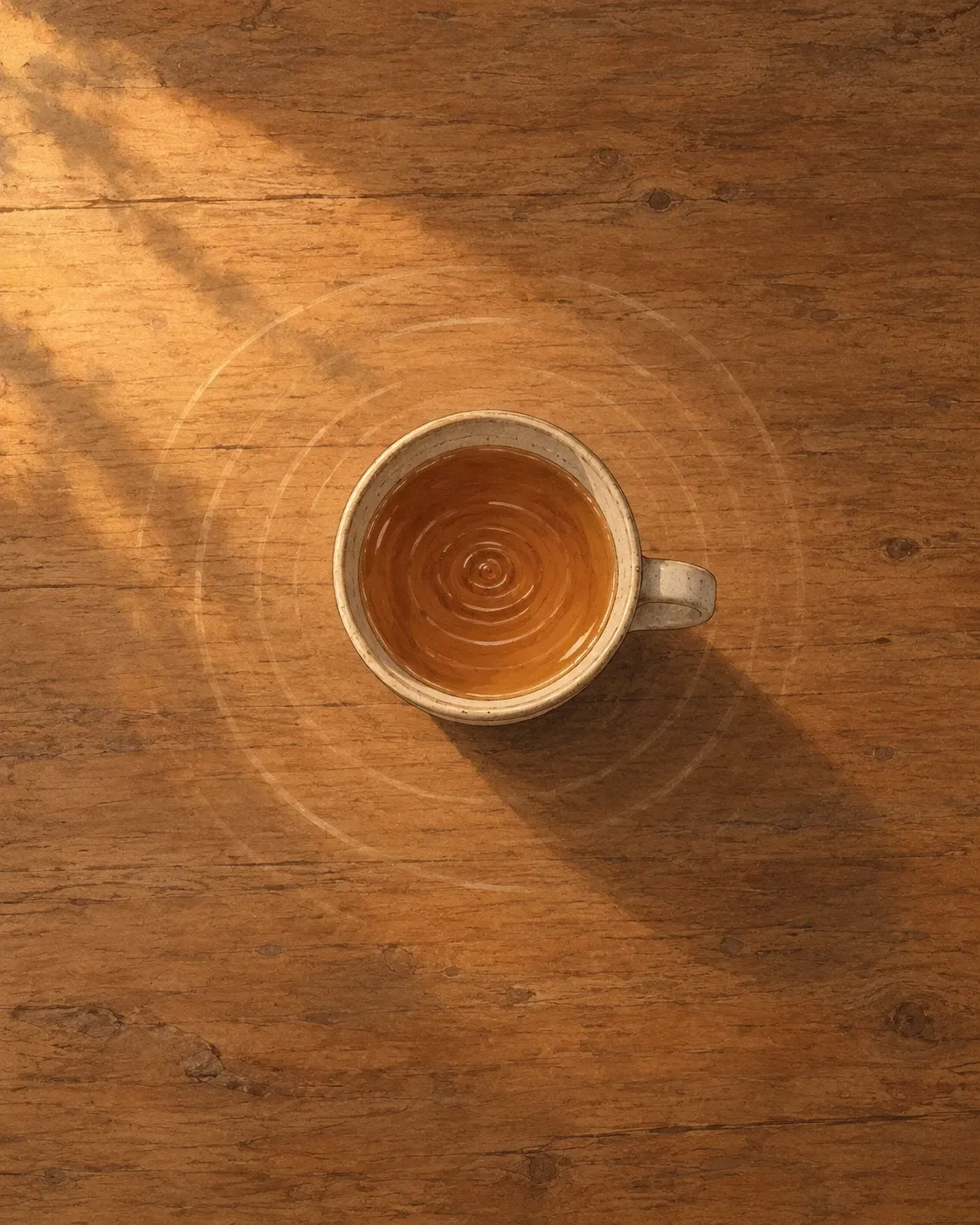 A cup of tea seen from above on a wooden table in warm light, ripples spreading across the surface.